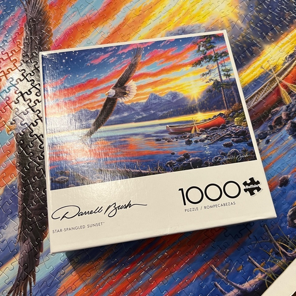 1000 pieces Puzzle. Eagle and Lake. Star Spangled Sunset